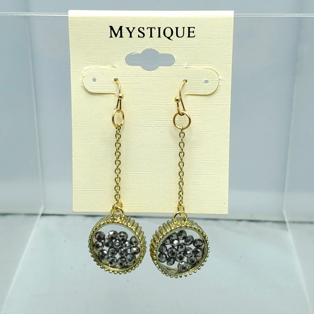 Mystique gold chain dangle fish hook earring with floating stones